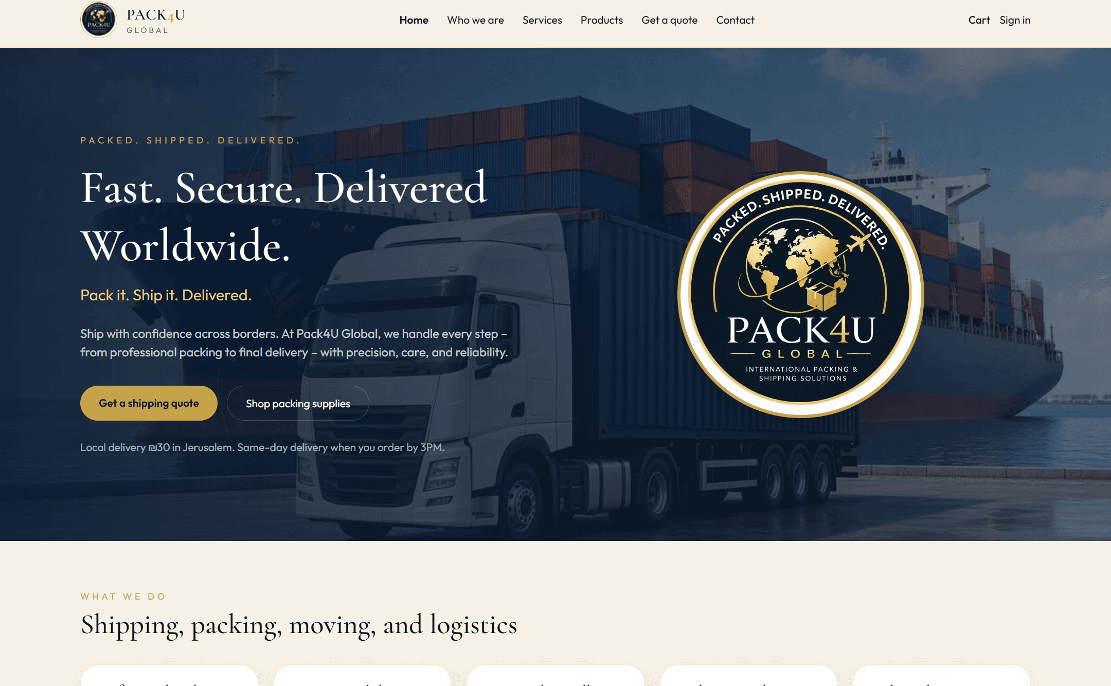 Live homepage of Pack4U Global at pack4uglobal.com